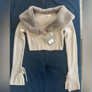 HOUSE OF CB Dahlia Faux Fur Collar Crop Cardigan, Size XS